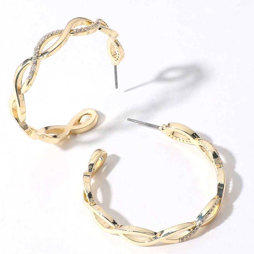 14K Gold Plated CZ Stone Paved Twisted Hoop Statement Earrings